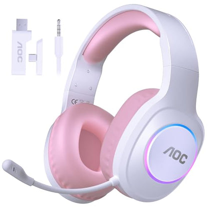 AOC Wireless Gaming Headset Compatible with ps5/4, PC, USB-C & Bluetooth 5.4 & 2.4GHz Gaming Headphones with Noise Canceling Mic, 7.1 Virtual Surround,20ms Latency, 45H, RGB- Pink - color: Pink
