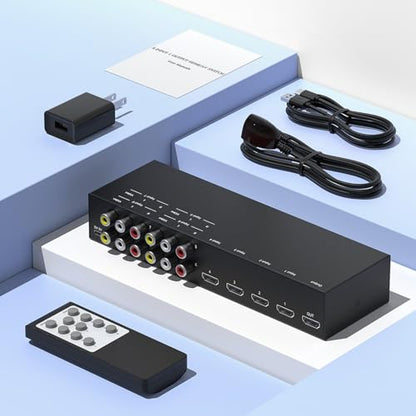 Y.D.F 4 Way HDMI 2.0 Switcher + 4 RCA to HDMI Converter(2 in 1) 4 Way AV Composite CVBS Switch to HDMI Adapter Support 4:3/16:9 Switching for N64 NGC Wii Xbox PS2/3/4/5 Xbox Series/ONE Switch