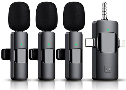 3 in 1 Wireless Lavalier Microphone for iPhone, iPad, Android, Camera,12-Hour Battery, mini Noise Reduction Recording Mic 2.4G Ultra-Low Delay, Creator Microphone/ TikTok/YouTube Live Stream( 3 Pack)