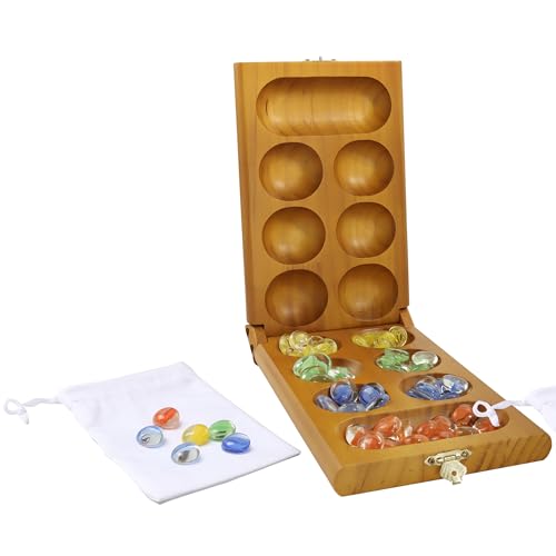GSE 2-Player Folding Wooden Mancala Board Game, Oak | 48 Multi-Color Glass Stones, Storage Bag, Portable Family Travel Strategy Game, For Kids & Adults, Family Game Night - color: 2-player Oak