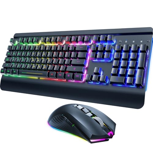 Wireless Gaming Keyboard and Mouse Combo, Metal Panel, 7 Color Backlits, Rechargeable 3200 mAh Battery, Wrist Rest, Sleep Mode, Light Up Keyboard + 7D 3200DPI Gaming Mice for PC Gamer | 7 Color Backlits, Rechargeable 3200 mAh Battery/Wrist Rest/Sleep Mode