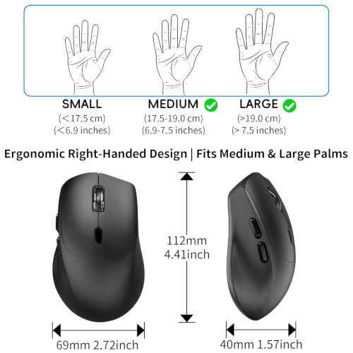 Wireless Ergonomic Right Hand Computer Mouse for Medium & Large Hands | 2.4G Optical Cordless Mice with Side Buttons USB Receiver, Quiet Click, 1000/1600/2400 DPI, for Laptop PC Chromebook - Black