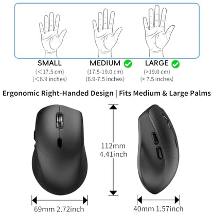 Wireless Ergonomic Right Hand Computer Mouse for Medium & Large Hands | 2.4G Optical Cordless Mice with Side Buttons USB Receiver, Quiet Click, 1000/1600/2400 DPI, for Laptop PC Chromebook - Black