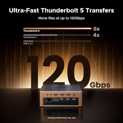 UGREEN Maxidok Thunderbolt 5 Docking Station, 8TB M.2 NVMe SSD Support | 17-in-1, 3xTBT5, DP2.1, Dual/Single 8K@60Hz, 6x10Gbps USB-C&A, 140W Charging, 60W PD-Out,2.5GbE, 3x3.5mm Audio,Cooling System