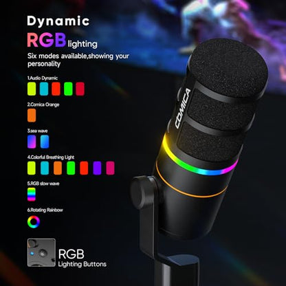 COMICA EJoy D10(D) USB/XLR Gaming Microphone with Noise Cancel, Boom Arm | Cardioid Dynamic Studio Mic, 48khz/24bit, 4-Level Gain & Real-Time Monitor, Streaming Microphone for Gamers & Streamer Pc/Ps5 - color: Black