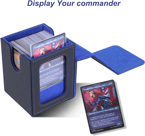 AFIING MTG Deck Box for Commander Display,Card Deck Box Fits 100 Double Sleeved Cards, Magic Commander TCG Storage Box with 2 Dividers,Drawstring Bag and 1 Toploader(Black/Blue) - color: Commander Black Blue