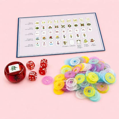 Pink American Mahjong Set, 160 Pink-Back Mah Jongg Tiles, Compact 1.2 x 0.8 x 0.5 in Mahjong Tile Set with Fruit & Floral Designs, Dice, Scoring Chips, Dealer Marker, Rule Cards & Floral Storage Bag