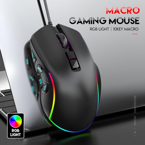 Wired Gaming Mouse, RGB Backlit 10 Programmable Buttons 14 Lighting Effects 6 Adjustable DPI 800-12800 Ergonomic PC Computer