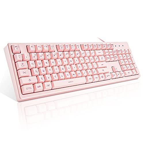 Basaltech Pink Wired Keyboard with Rainbow LED Backlit | Full Size 104 Key USB Gaming Keyboard,Quiet Creamy Typing and Double Shot Keycaps Light Up Keyboard for PC, Mac, Laptop
