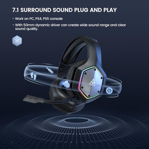 EKSA 2.4GHz Wireless Gaming Headset for PC, PS4, PS5, Gaming Headphones with Noise Cancelling Microphone, 7.1 Surround Sound, 36Hr Battery, RGB, 3.5mm Wired Computer Headset - color: Black