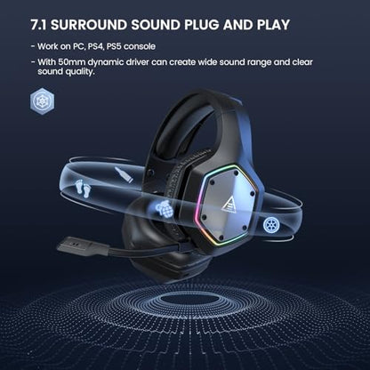 EKSA 2.4GHz Wireless Gaming Headset for PC, PS4, PS5, Gaming Headphones with Noise Cancelling Microphone, 7.1 Surround Sound, 36Hr Battery, RGB, 3.5mm Wired Computer Headset - color: Black