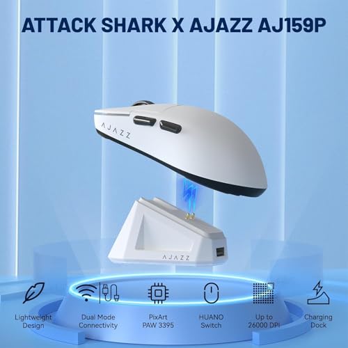 ATTACK SHARK X Ajazz AJ159 Superlight Gaming Mouse with RGB Charging Dock,PAW3395 26K DPI Sensor,56G Rechargeable Wireless Gaming Mouse,6 Programmable Buttons,Ergonomic Computer Mice USB3.0 for PC/MAC - color: AJ159P White