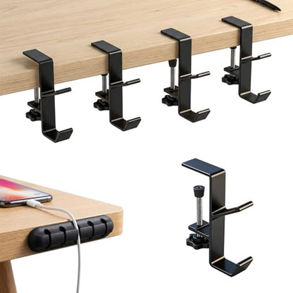 4 Pcs Under Headset Stand - Aluminum Alloy Headphone Holder with 1 Cord Organizer for Desk Fit for PC Gaming Headset Hanger Hook Suitable for Office,Computer, Class Desk, Handmade Creator Table,Black