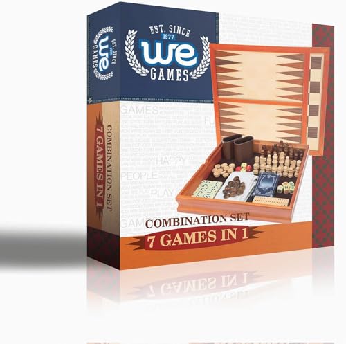 WE Games 7-in-1 Wooden Combo Game Set - Chess, Checkers, Backgammon, Dominoes, Cribbage, Dice & Cards, Walnut Wood 12 inch Combination Board Game Set for Adults