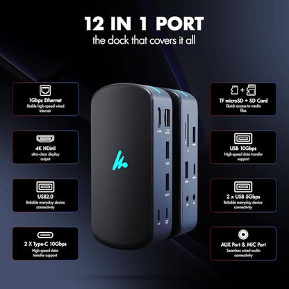 Type C 12 in 1 Wozoyo Docking Station, 4K@60Hz HDMI, Gigabit Ethernet 2XType-C 10Gbps, USB 10 Gbps, PD 100WUSB 2.0, AUX & MIC, SD/TF, Compatible Thunderbolt 4, macOS, Windows, Android & iOS - style: 12-in-1