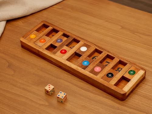 BSIRI Classic Shut The Box Game Wooden 12 Numbers with Math Lover Player Wood Box of Brain Teaser Puzzles Single Player Original Wood Dice and Close flip Number Board Games Adults Travel Mini Size - style: Shut the Box Game
