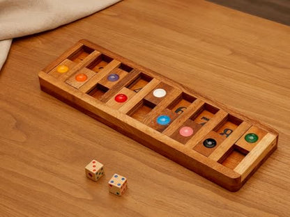 BSIRI Classic Shut The Box Game Wooden 12 Numbers with Math Lover Player Wood Box of Brain Teaser Puzzles Single Player Original Wood Dice and Close flip Number Board Games Adults Travel Mini Size - style: Shut the Box Game