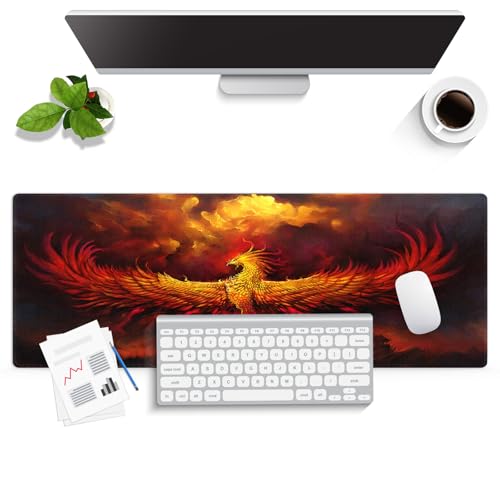 Golden Fire Phoenix Rebirth Art Large Mouse Pad, Fantasy Painting Desk Mat | Keyboard Mat Stitched, 31.5" x 11.8", Mythical Bird Creature Rising From Ashes, Red Orange Clouds Landscape, Anti-Slip - color: Vibrant Design J15K