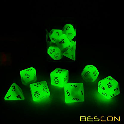 Bescon Gradient Glowing Polyhedral Dice 7pcs Set Forest Light, Gradual Luminous RPG Dice Set Glow in Dark, Novelty DND Game Dice d4 d6 d8 d10 d12 d20 d% in Brick Box - color: Forest Light
