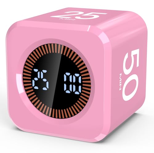 Digital Pomodoro Timer Cube 5/10/25/50min Preset, Silent & Sound Alarm | Visual Productivity Flip Timer for Kids Classroom Desk, Custom Countdown, Gravity Sensor, for ADHD Study Work Game Kitchen - color: Pink