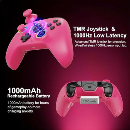 Playnex Wireless Game Controller with Charging Dock, TMR Anti-Drift Joysticks, Dual-Mode Hall Triggers, 1000Hz Polling, RGB, 2.4G/Bluetooth/USB Gamepad for PC/Nintendo Switch/Switch 2/Lite/OLED - color: Pink with Charging Dock