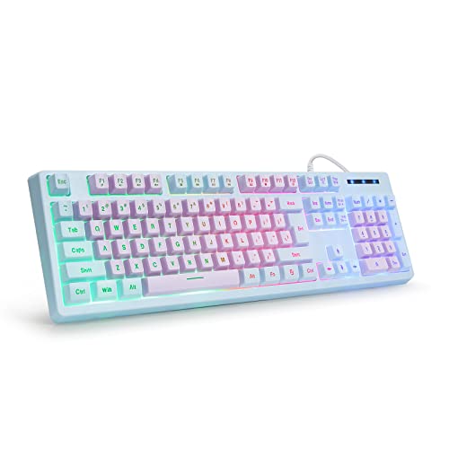 HUO JI Gaming Keyboard USB Wired with Rainbow LED Backlit, Floating Keys, Mechanical Feeling, Spill Resistant, Ergonomic for Xbox, PS Series, Desktop, Computer, PC, Purple Blue - color: Purple/Blue