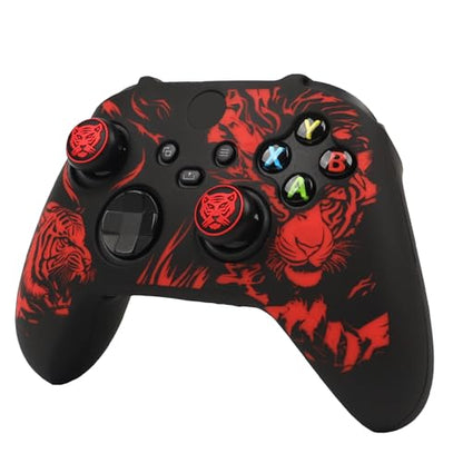 Tiger HeadController Skin Compatible with Xbox Series X Wireless Controller, RALAN Protector Case， Customised Thumb Grips Cap - color: Tiger Head black red