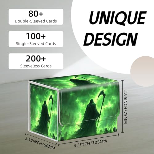 Trading Card Storage Box, Holds 100+ for MTG Cards, PU Leather with Magnetic Closure, Green Reaper in Haunted Gothic City Durable Deck Box for Magic the Gathering, Trading Card Games - color: Green Reaper in Haunted Gothic City