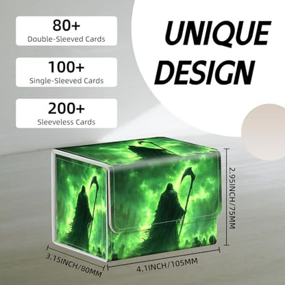 Trading Card Storage Box, Holds 100+ for MTG Cards, PU Leather with Magnetic Closure, Green Reaper in Haunted Gothic City Durable Deck Box for Magic the Gathering, Trading Card Games - color: Green Reaper in Haunted Gothic City
