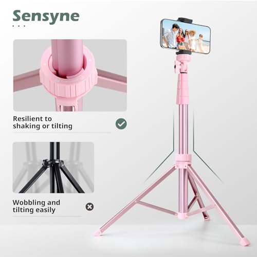 SENSYNE 72" Phone Tripod & Selfie Stick, Extendable Cell Phone Tripod Stand with Wireless Remote and Phone Holder, Compatible with iPhone Android Phone, Camera, Pink - color: Pink, size: 72-inch
