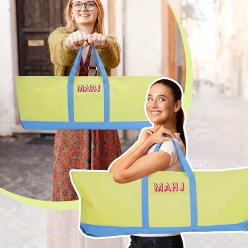 Mahjong Bag for Tiles and Racks Empty American Mahjong Tiles Carrying Tote 31.5 x 12 x 4 Inch Canvas Tile Game Accessory Gift for Pusher Rack Mat Carrying, Case Only(Blue and Lime Green) - color: Blue and Lime Green