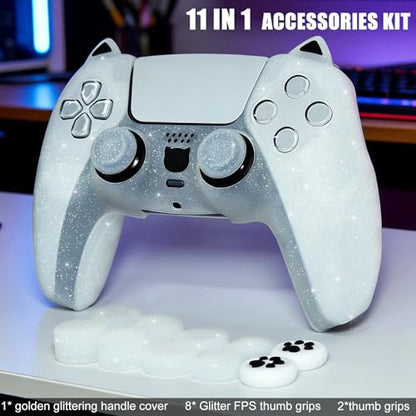 White Cat Glitter Anti-Slip Protective Silicone Cover Skin Grips Compatible with PS5/Slim/Pro Controller,8 PCS Glitter Thumb Grips Caps and 2 Paw Grips Caps. (Cat White) - color: Cat White