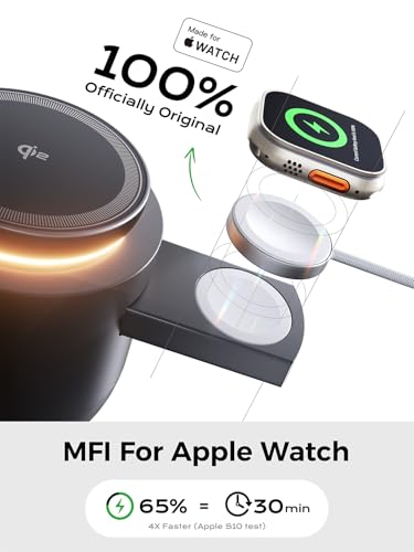 THREEKEY 4 in 1 Qi2 Magnetic Wireless Charging Station, 15W Fast Charger with Made for Apple Watch Charging Module, for iPhone 17–12 Series & AirPods, 65W Adapter Included - color: Black