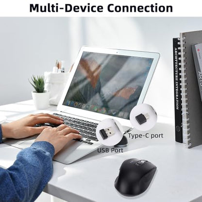 Wireless Bluetooth Mouse with USB-A, USB-C Receiver, Rechargeable, 3-Device, Full-Size, Silent Click, Ergonomic Mice for MacBook/Laptop/Computer/Tablet/PC/iPad-Black - color: Black