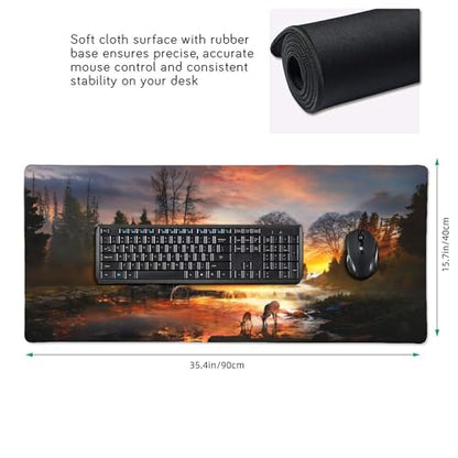 XXL Gaming Mouse Pad 35.4x15.7 inch, Autumn Forest Stream Landscape Theme Desk Mat,Large Waterwheel Deer Rainbow Scene Mousepad (Autumn Wooden House Deer) - color: autumn wooden house deer