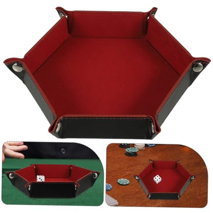 Uonlytech Hexagonal Folding Dice Tray PU Material Organizer for Tabletop Games Party Accessories Storage Box with Velvet Lining in Dark Crimson for Home and Game