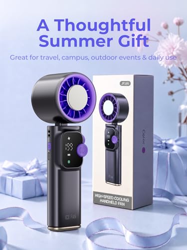 Portable Handheld Turbo Fan with Cooling Plate, 1-199 Speeds, LED Display | 4000mAh USB-C rechargeable battery, 15000 RPM motor, neck and desk modes for travel, office and camping - color: Grey Purple