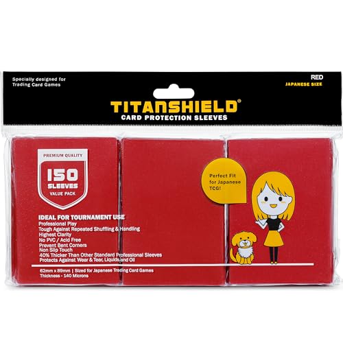 TitanShield (150 Sleeve/Red) Small Japanese Sized Trading Card Sleeves Deck Protector for Yu-Gi-Oh, Cardfight!! Vanguard & More - color: Red