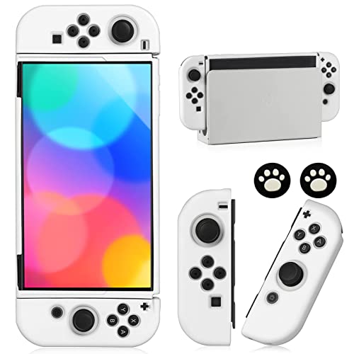 Switch OLED Case for Nintendo Switch OLED Model, Dockable Cover Soft TPU Protector Case for Switch OLED Grips & Console and Accessories with 2 Pcs Thumb Caps, White - color: White