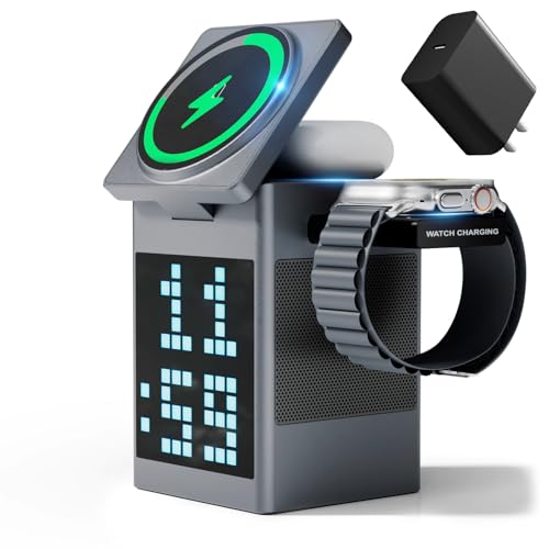Vivilumens 3-in-1 Wireless Charging Station with Bluetooth Speaker, Pixel Digital Clock for Desk, Wireless MagSafe for iPhone 17/16/15, Apple Watch, AirPods, Fast Charging, Compact Desk Organizer - color: Grey