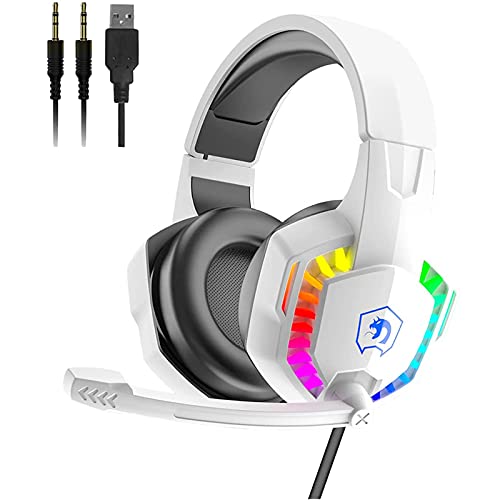 Wired Gaming Headset with Rainbow RGB Backlight Retractable Noise Isolating Microphone Stereo Sound Deep Bass Memory Foam Earmuff Over Ear Headphone for PS4 Xbox One Switch PC Mac Gamer Music (White) | Retractable,Noise Isolating Microphone,Stereo Sound,D