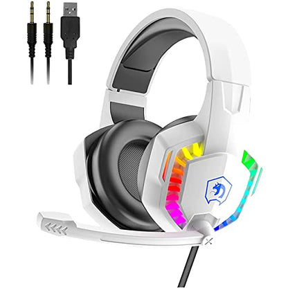 Wired Gaming Headset with Rainbow RGB Backlight Retractable Noise Isolating Microphone Stereo Sound Deep Bass Memory Foam Earmuff Over Ear Headphone for PS4 Xbox One Switch PC Mac Gamer Music (White) | Retractable,Noise Isolating Microphone,Stereo Sound,D
