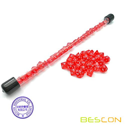 Bescon 28-Piece Translucent Red Mini Polyhedral Dice Set, 4 Complete 7-Die Sets, Ruby Color Resin Gaming Dice for Dungeons and Dragons, Includes Clear Storage Tube - color: 4x7 28pcs Gem Red Tube