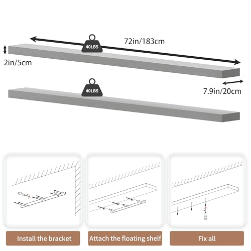 72 inch Long Floating Shelves for Wall,Solid Wood Long Shelves Set of 2,White Wooden Wall Mounted Shelf,Bookshelf Bathroom Shelves (White, 72 Inch) - color: White, size: 72 Inch set of 2