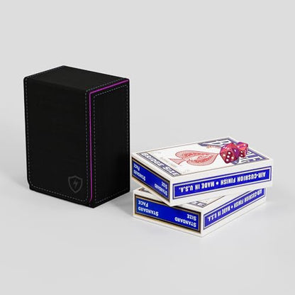 Double Decker Leather Poker Card Case - Holds Two Sets of Poker Size Cards - Premium Dual-Deck Holder with Stylish Design and Secure Closure (Black-Purple) - color: Black-Purple