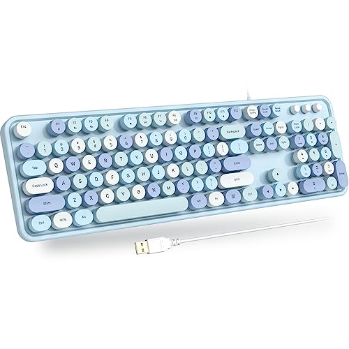 Atelus USB Wired Computer Keyboard - Retro Typewriter Keyboard - Full Size Office Keyboard with Number Pad, Caps Indicators, Foldable Stands, for PC Laptop Desktop Windows (Blue Colorful) - color: Blue Colorful