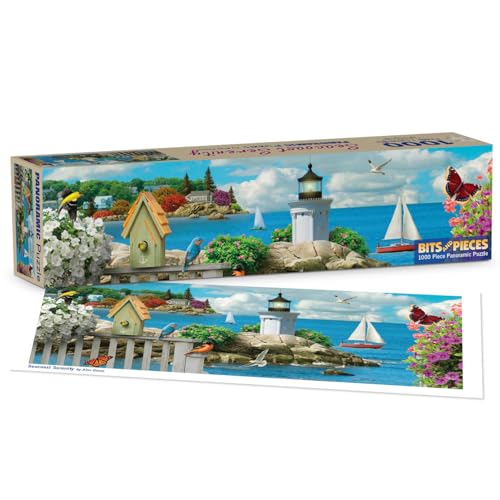 Bits and Pieces 1000 Piece Panoramic Puzzle - Seacoast Serenity - Large 13" x 38" Jigsaw Puzzles for Adults 1000 Pieces Seascape Ocean Lighthouse Birds, No 2 Pieces Alike - size: 1000 Piece Puzzle