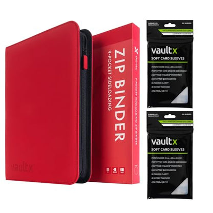 Vault X 9 Pocket Exo-Tec Zip Binder Red + 400 Penny Sleeves Gift Bundle