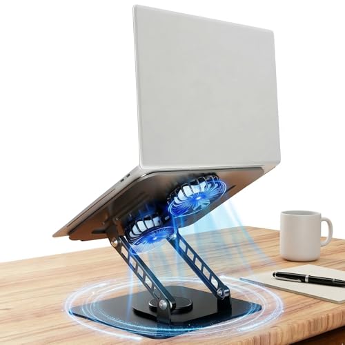 Selbst Laptop Stand for Desk with Quiet Cooling Fans - 360 Rotating Base Ergonomic Computer Stand, Aluminum Laptop Riser Foldable Protable for Office Home fits MacBook Air Pro, Dell, HP (10-17.3'') - color: black