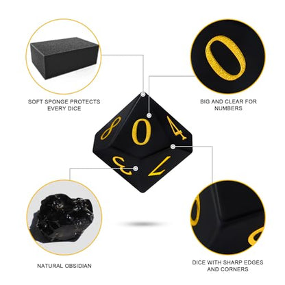 Natural Obsidian Dice Set, 7-Piece Hand-Carved Polyhedral Dice for Dungeons & Dragons (D&D), Pathfinder, Call of Cthulhu, Tabletop RPG Gaming, Collectible Gemstone Dice with Gold Numbering (Black) - color: Black